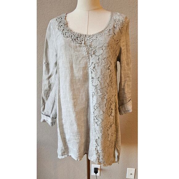 Catwalk Natural 100% Linen Tunic Top Lace Embroidered Detail Gray Small Italy‎ - Picture 1 of 7
